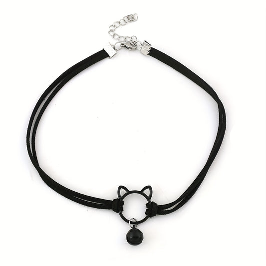 Choker ketting kattenkop en kattenbelletje zwart