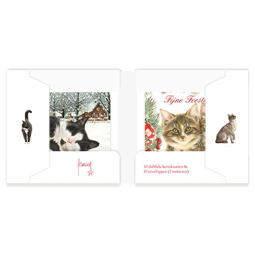Katten kerstkaarten 10 stuks | Tuxedo kat in sneeuw – Kittens met kersttak en rode kerstdecoratie