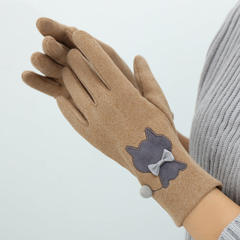 Katten handschoenen touchscreen Kaki "Kat met strikje"