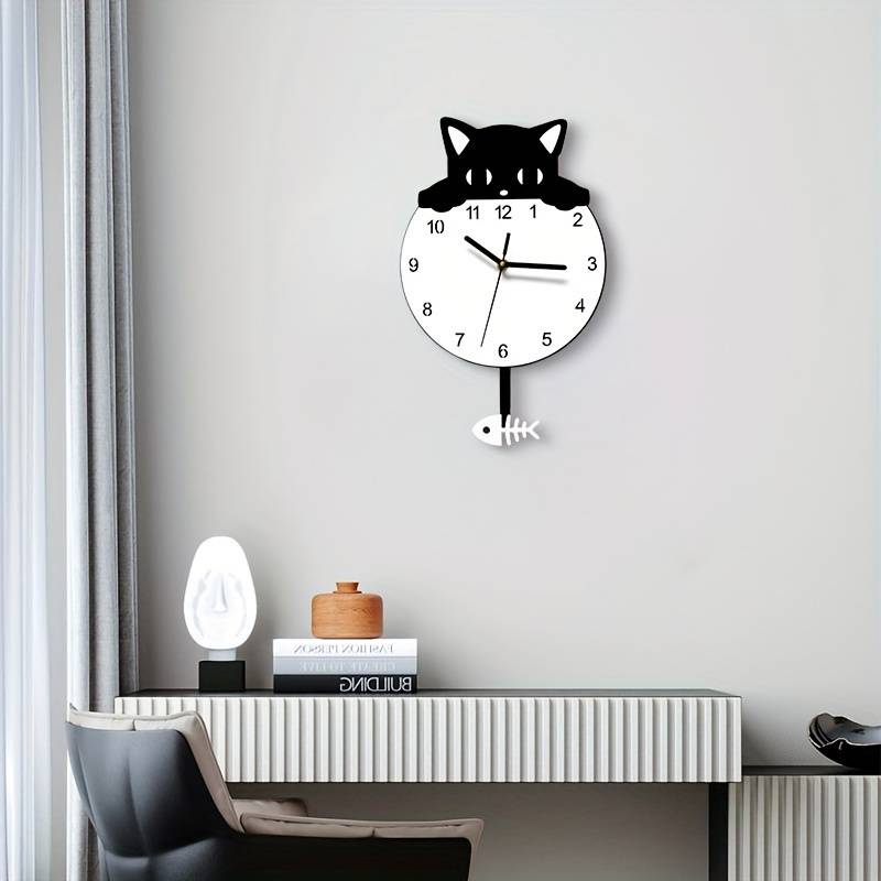 Kat klok 40x25 cm zwart wit met stil uurwerk