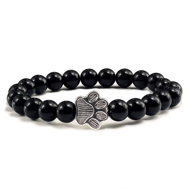 Kralen armband met kattenpootje | Zwart glans