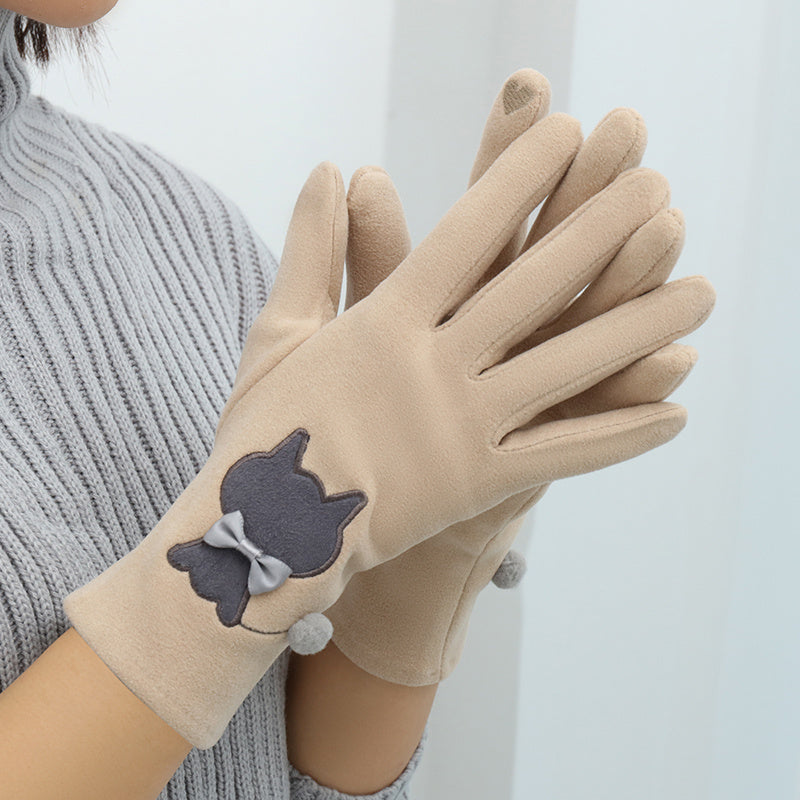 Katten handschoenen touchscreen Beige "Kat met strikje"