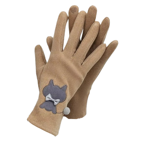Katten handschoenen touchscreen Kaki "Kat met strikje"