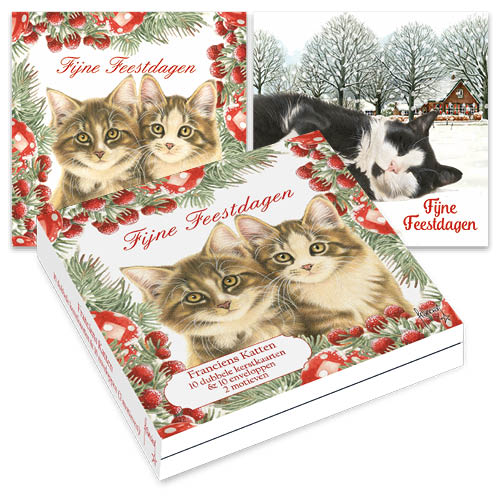 Katten kerstkaarten 10 stuks | Tuxedo kat in sneeuw – Kittens met kersttak en rode kerstdecoratie