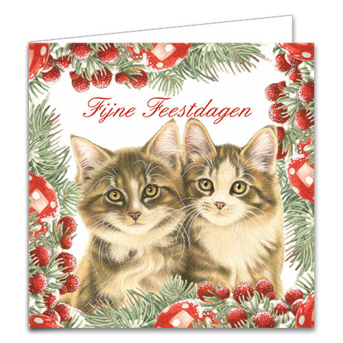 Katten kerstkaarten 10 stuks | Tuxedo kat in sneeuw – Kittens met kersttak en rode kerstdecoratie