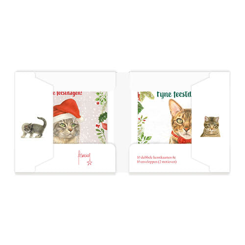 Katten kerstkaarten 10 stuks | Kat met kerstmuts – kat met strikje