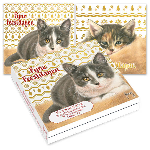 Katten kerstkaarten 10 stuks | Kittens met goudpatroon
