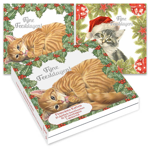 Katten kerstkaarten 10 stuks | Rode kat tussen hulst – Kitten met kerstmuts
