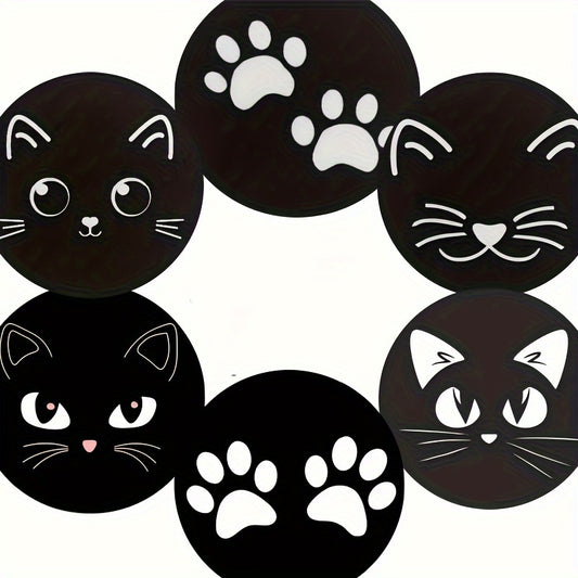Set van 6  houten katten onderzetters zwart – kattenpootjes & kattenkoppen in het wit