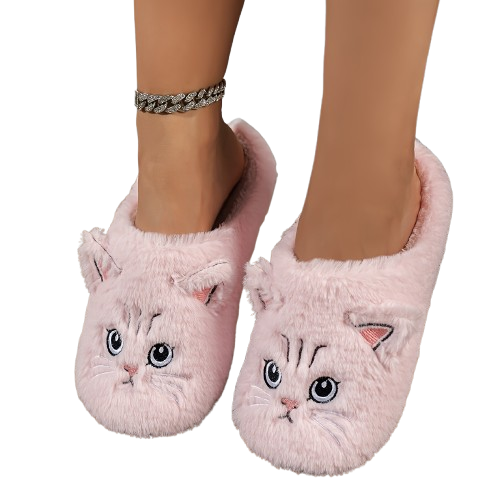 Roze zachte warme kattensnoet sloffen met opstaande oortjes