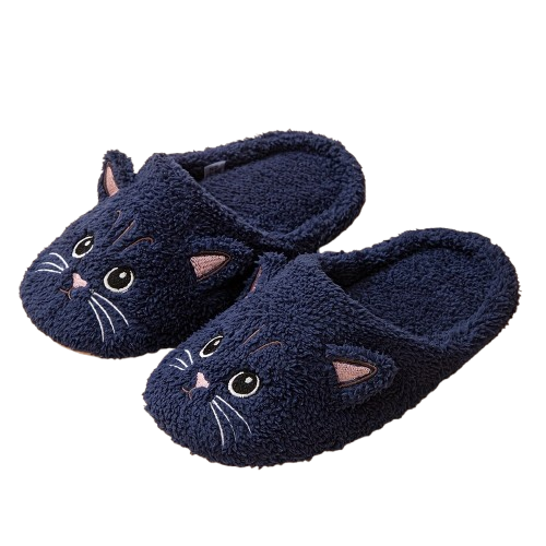 Katten sloffen in donkerblauw met zachte zool voor binnen. Ingenaaide kattensnoet met opstaande kattenoortjes