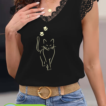 Katten t-shirt “Catwalk” met kant – Zwart | PRE-ORDER