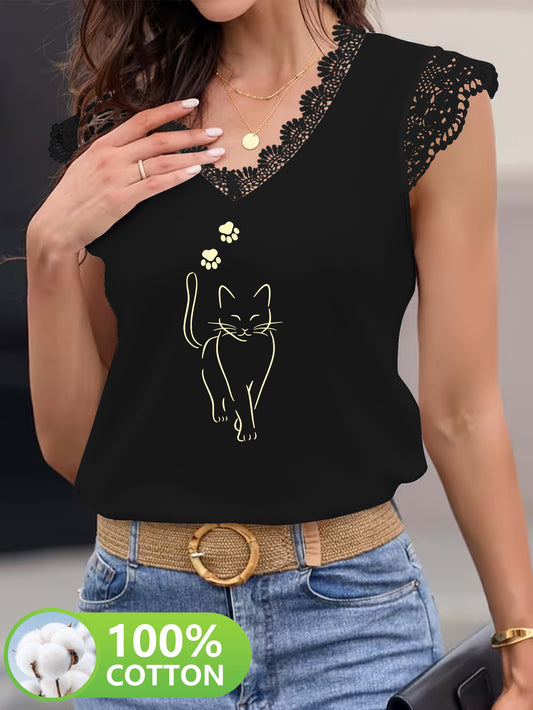 Katten t-shirt “Catwalk” met kant – Zwart | PRE-ORDER