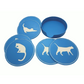 3D geprint katten onderzetters blauw met witte kat silhouet in blauw opbergbakje