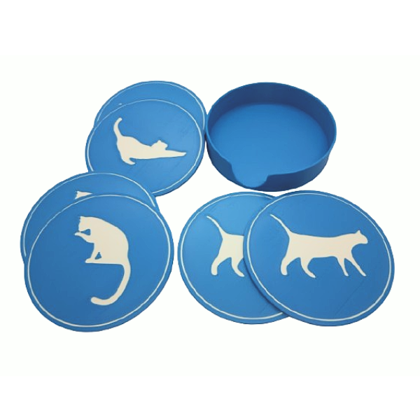 3D geprint katten onderzetters blauw met witte kat silhouet in blauw opbergbakje