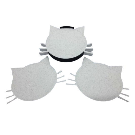 Katten onderzetters gemêleerd grijs 3d geprint in kattenkop vorm, 6 stuks in zwart bakje