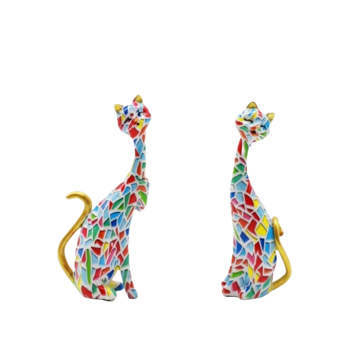 Katten beeldjes set 2 stuks vrolijk gekleurd mozaiekstijl 14 cm