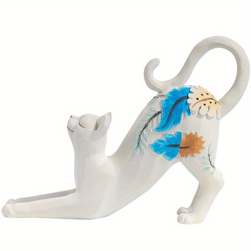 Katten beeld wit yoga kat met sierlijke beschildering van bloemen en blaadjes op de rug