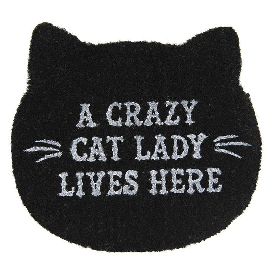 The Happy Cat Shop | Deurmat zwarte kattenkop "A crazy cat lady lives here"