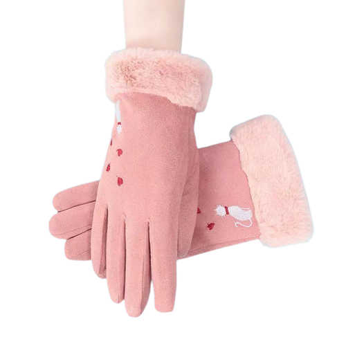 The Happy Cat Shop | Katten handschoenen touchscreen Roze "Geborduurde kat met hartjes"