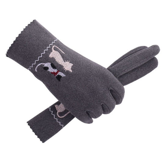Touchscreen handschoenen grijs met 2 geborduurde katjes