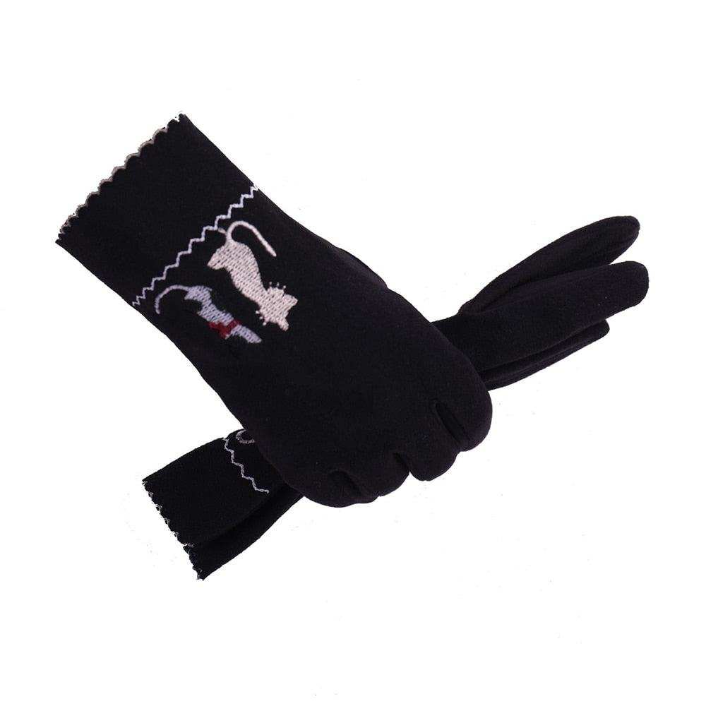 The Happy Cat Shop | Touchscreen handschoenen zwart met 2 geborduurde katjes