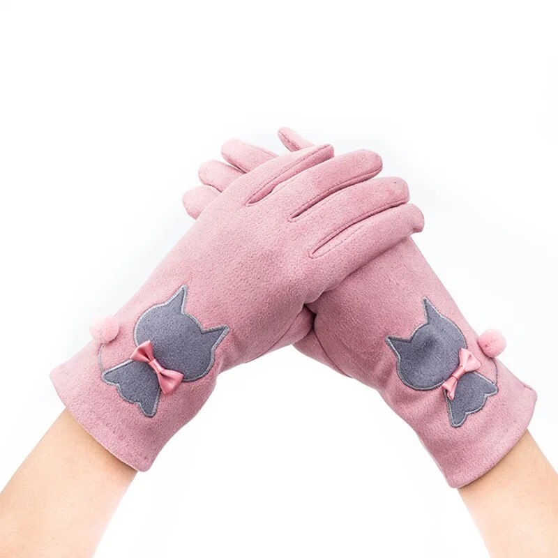 The Happy Cat Shop | Katten handschoenen touchscreen roze "Kat met strikje"