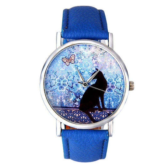 The Happy Catshop | Katten horloge "Bloemen & Vlinder' | Blauw