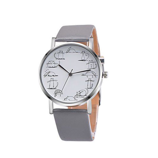 Katten horloge grijs met 12 verschillende katten, PU-leren bandje