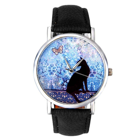 The Happy Catshop | Katten horloge "Bloemen & Vlinder' | Zwart