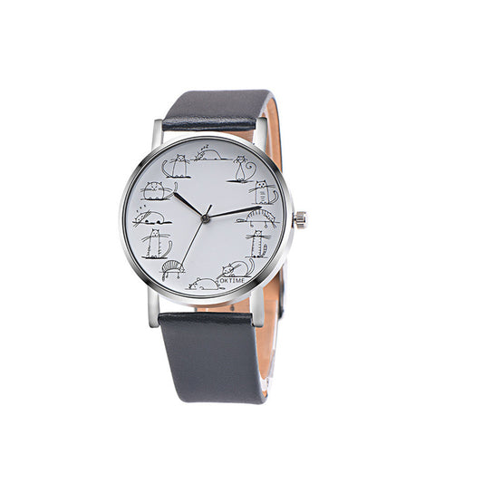 Kattenhorloge zwart met PU-leren bandje en 12 verschillende katten op de wijzerplaat