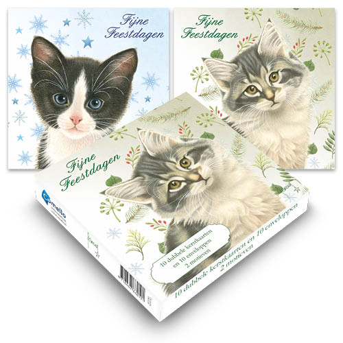 Katten kerstkaarten 10 stuks | Boskat kitten en Tuxedo kitten