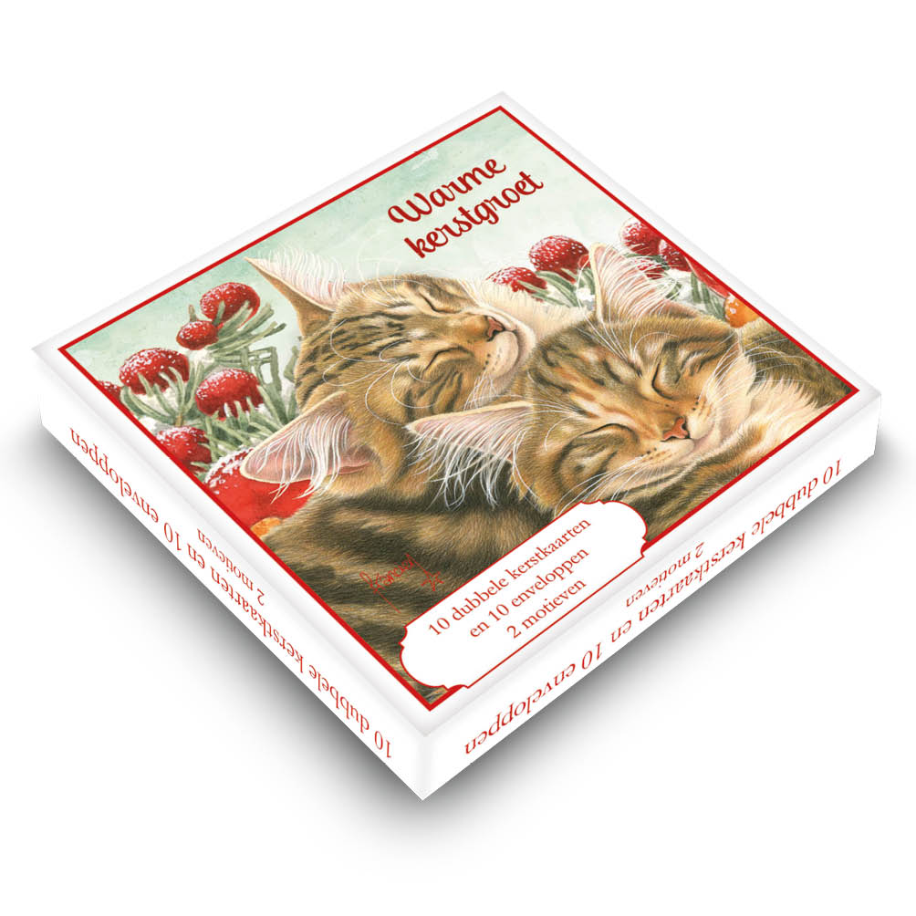 Katten kerstkaarten 10 stuks | Kat met krans - Kat met kerstballen