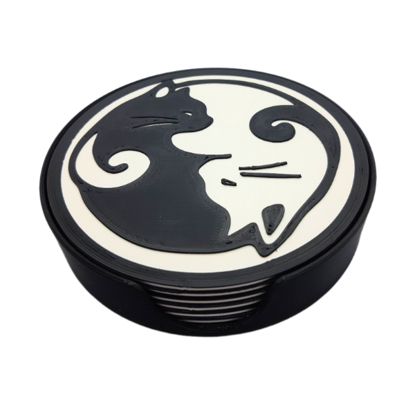 Katten onderzetters yin yang 6 stuks in zwart opbergbakje