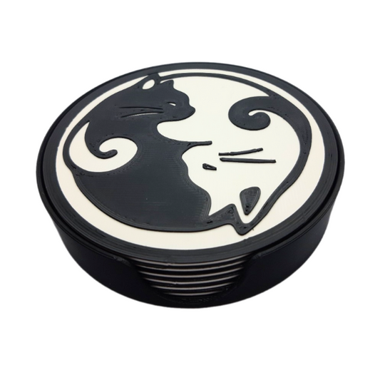 Katten onderzetters yin yang 6 stuks in zwart opbergbakje