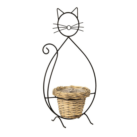 Katten plantenhouder zwart met rotan mandje