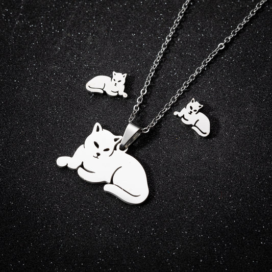 The Happy Catshop | Katten sieradenset ketting & oorbellen liggende kat zilver