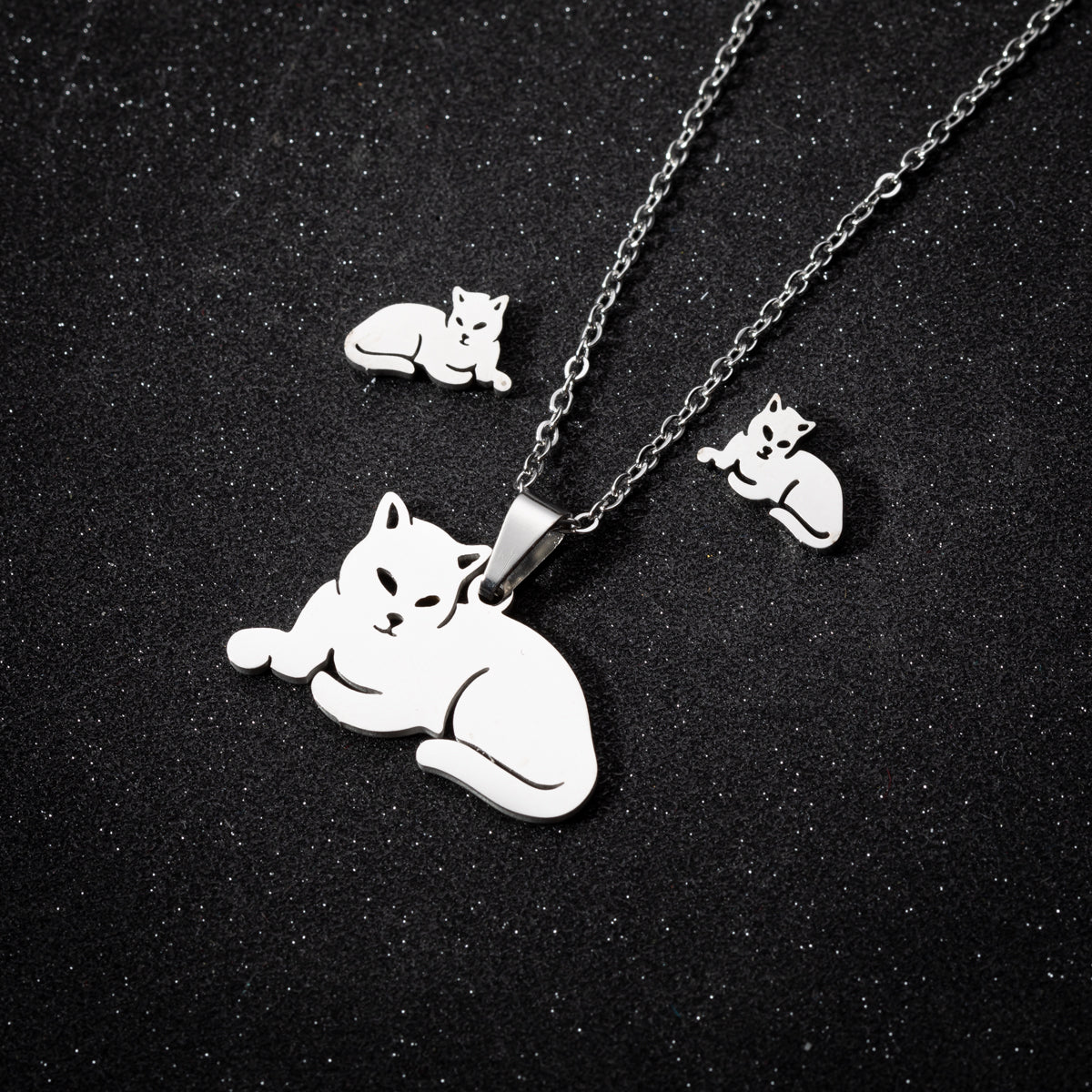 Katten sieradenset ketting & oorbellen liggende kat zilver