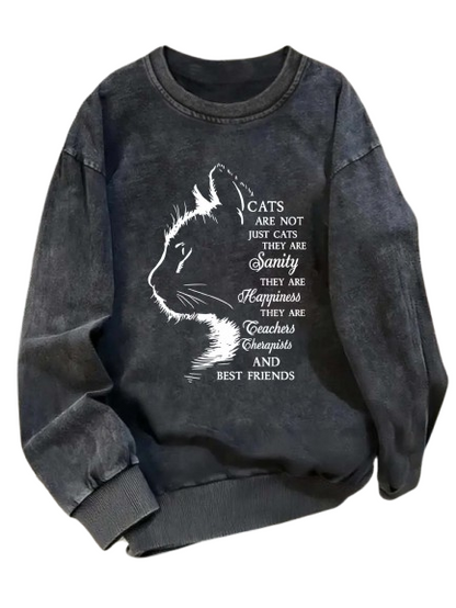 Voorkant van de vintage zwarte kattentrui met witte kat silhouet en katten quote