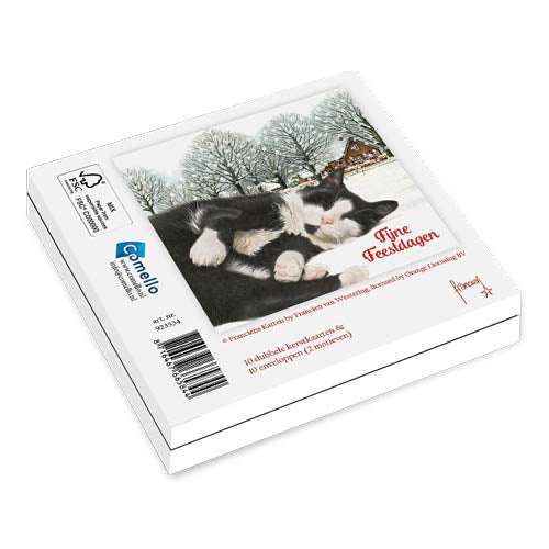 Katten kerstkaarten 10 stuks | Tuxedo kat in sneeuw – Kittens met kersttak en rode kerstdecoratie