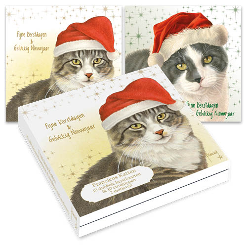 The Happy Catshop | Katten kerstkaarten 10 stuks | 2 verschillende katten met kerstmuts