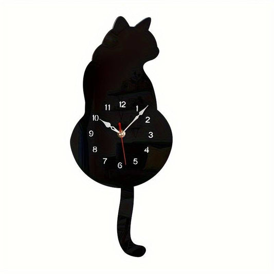 Klok kat zwart met bewegende staart, stille klok, 42 x 18 cm