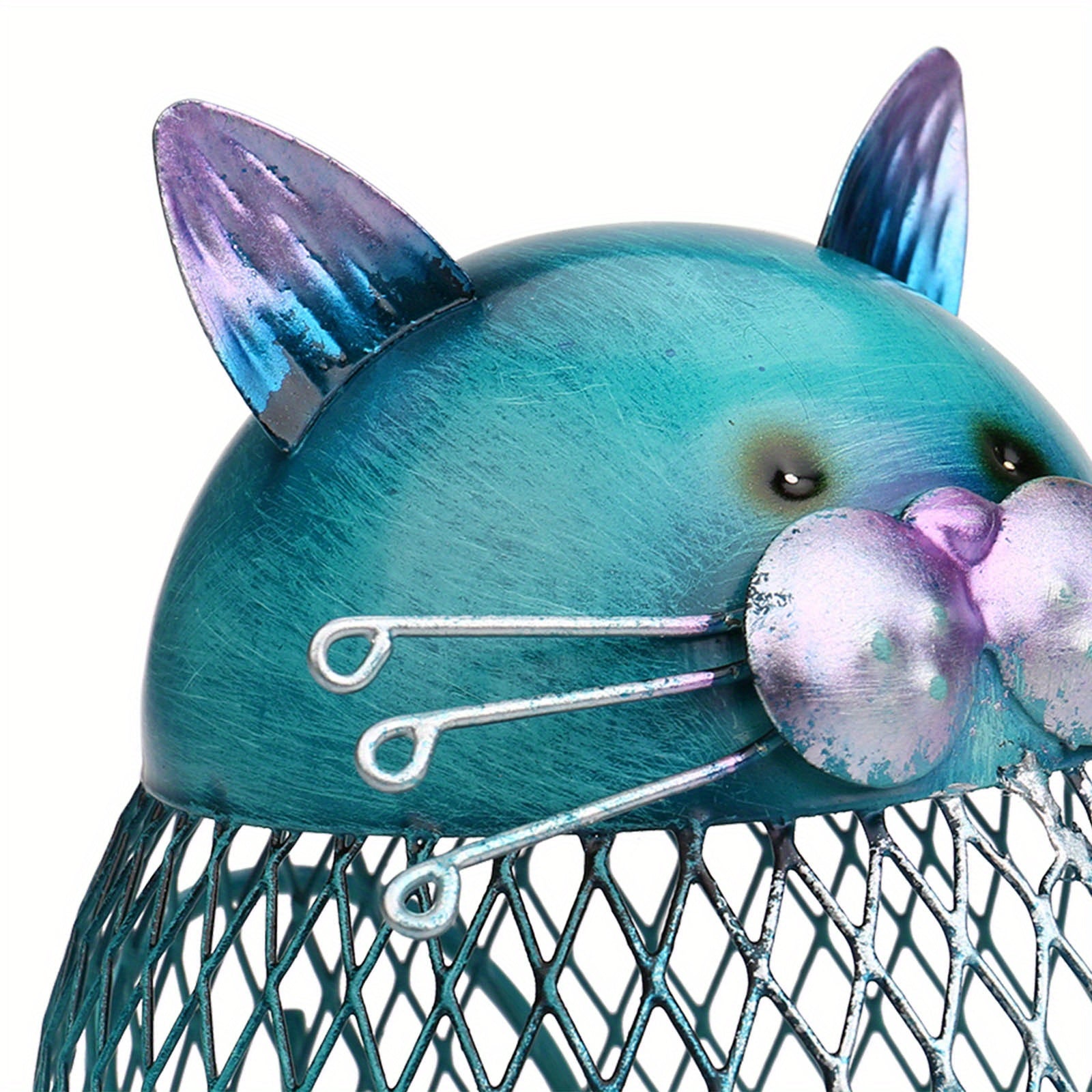 Metalen kat spaarpot blauw groen 14,5 cm hoog