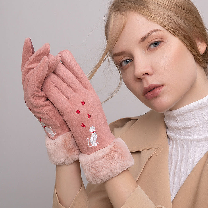 Handschoenen touchscreen Roze "Geborduurde kat met hartjes"