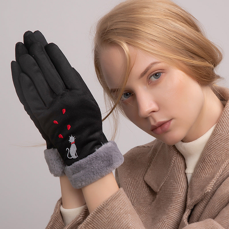 Handschoenen touchscreen Zwart "Geborduurde kat met hartjes"