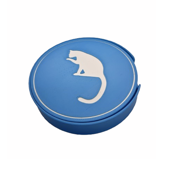 Katten onderzetters blauw 3D geprint, 6 stuks met 3 verschillende katten silhouetten in wit met blauw opbergbakje