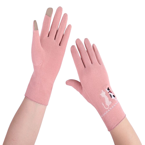 The Happy Cat Shop | Touchscreen handschoenen roze met 2 geborduurde katjes