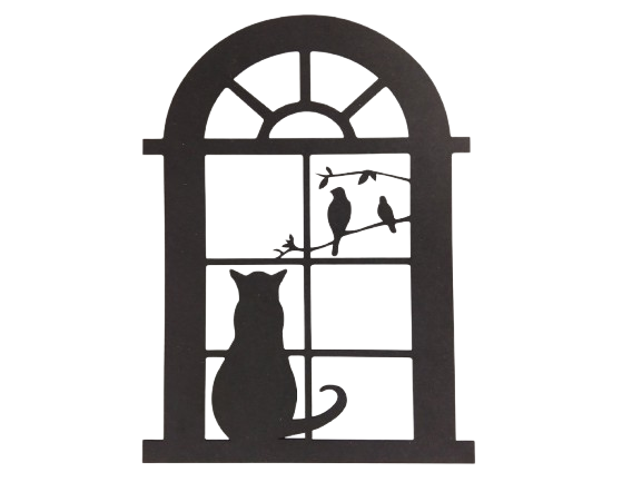 Wanddecoratie houten silhouet raam zwart met kat en vogeltjes - 50 x 33 cm