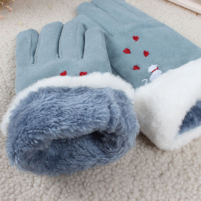 Handschoenen touchscreen Blauw "Geborduurde kat met hartjes"
