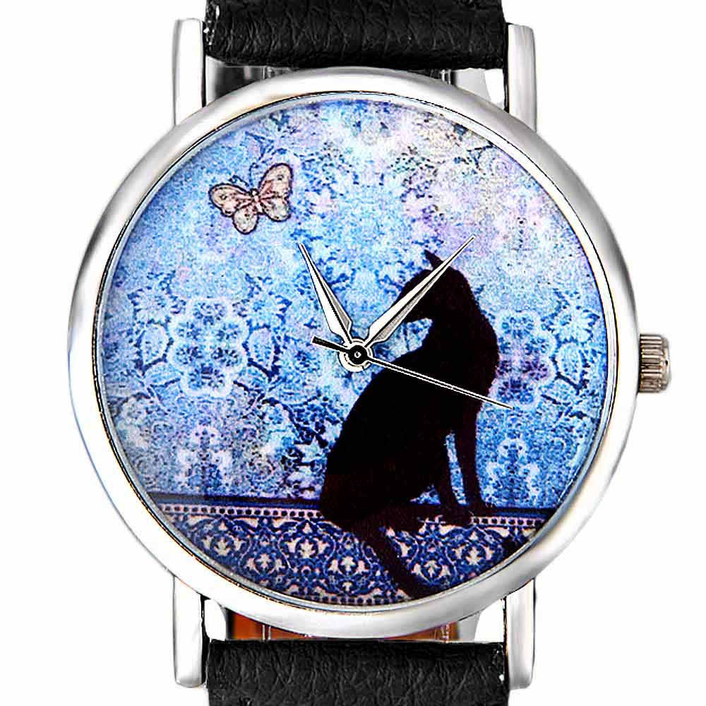 Katten horloge "Bloemen & Vlinder' | Zwart